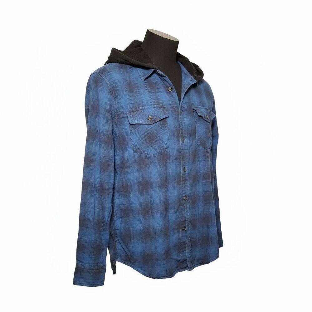 Urban Pipeline Men’s Blue Plaid Flannel Shirt with Black Hood – Size Small